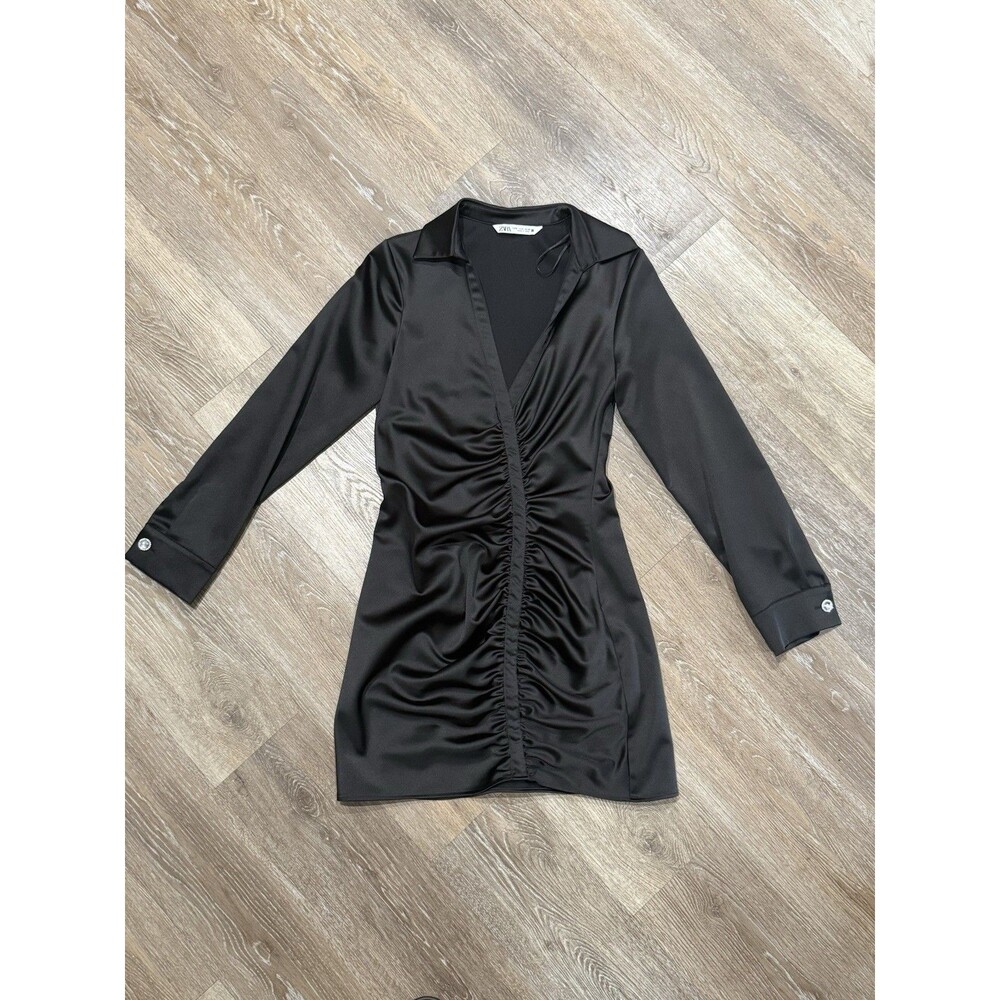 Zara Black Satin Ruched Front Mini Shirt Dress Crystal Rhinestone Cuffs Size S